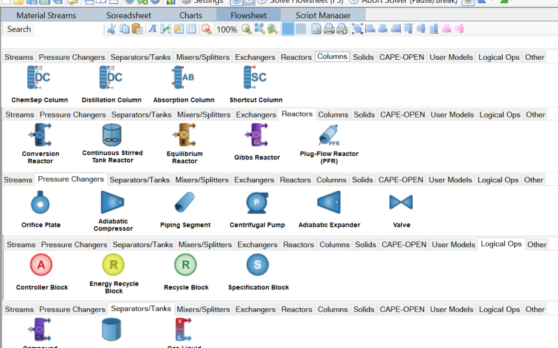 Different unit operations available in DWSIM.